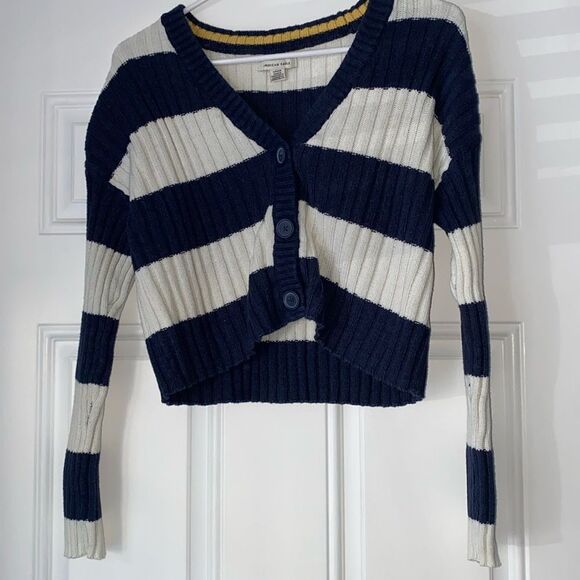 American Eagle Cropped Blue White Striped Sweater S - Picture 1 of 5
